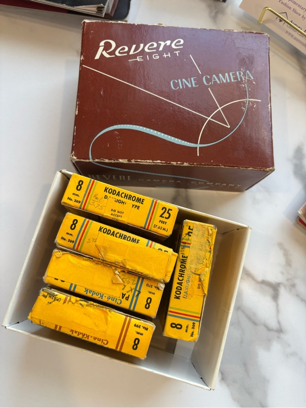 Kodak Yellow Kodachrome Film Packs with Brown Revere Cine Camera Box